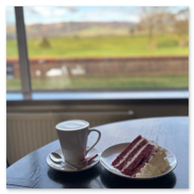 latte and red velvet with view