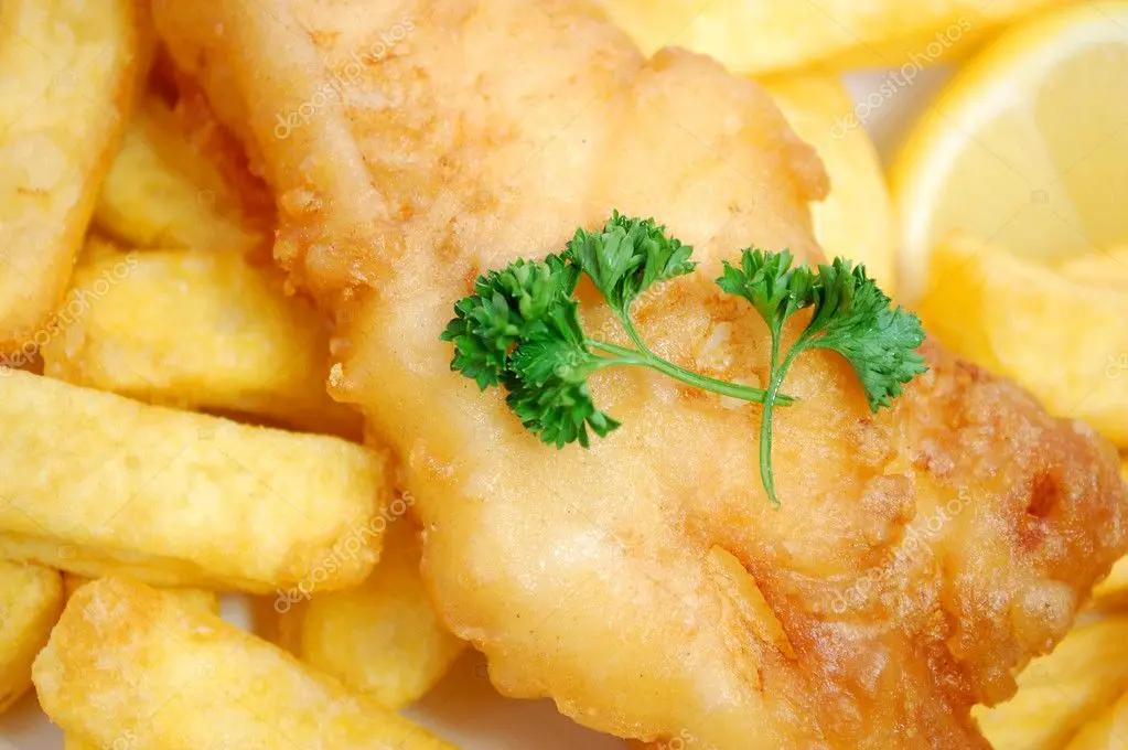 Crispy fish and chips takeaway